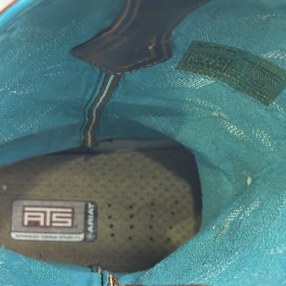 Ariat Tombstone Leather Roper Boots Midi Calf Wide Square Toe Brown Turquoise 9B - Picture 9 of 16